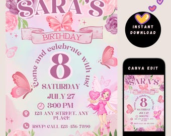 Butterfly Fairy Birthday Invitation for Girls | Editable Canva Pro Template | Floral Fantasy Party Invite | 5"x7" Printable Digital Download