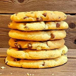 May include: A pile of six golden-brown chocolate chip biscuits. Each biscuit is round and has visible chocolate chips. The biscuits are stacked, creating a visually appealing arrangement. The background is a wooden surface.