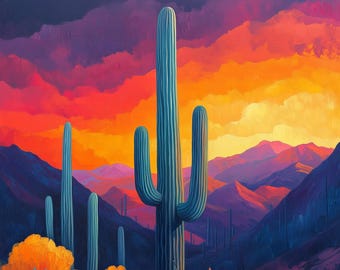 Saguaro Cactus Desert Sunset Art Print | Southwest Wall Decor | Arizona Gift