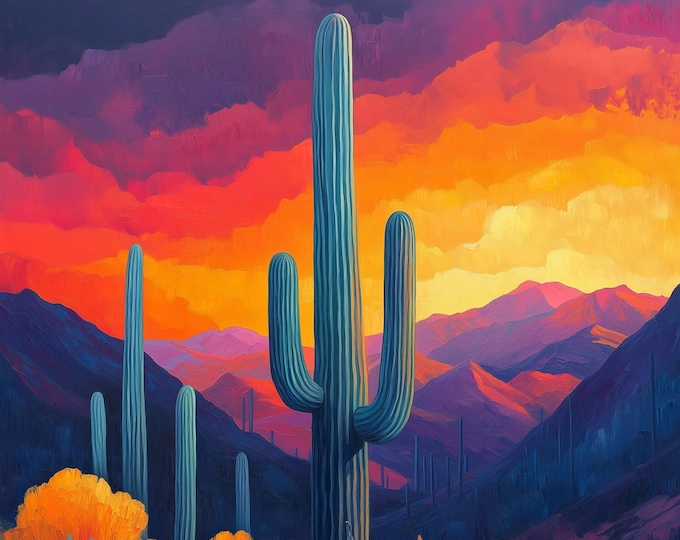 Saguaro Cactus Desert Sunset Art Print | Southwest Wall Decor | Arizona ...