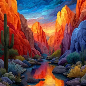 May include: A vibrant landscape painting of a desert canyon with a river. The canyon walls are painted in shades of red, orange, and purple, with a blue sky above. The river reflects the colors of the canyon and sky. Green cacti and bushes are scattered throughout.