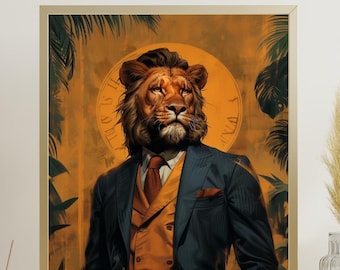 Regal Lion Portrait in Suit – Anthropomorphic Animal Art Print | Lion Poster | Maximalist Decor