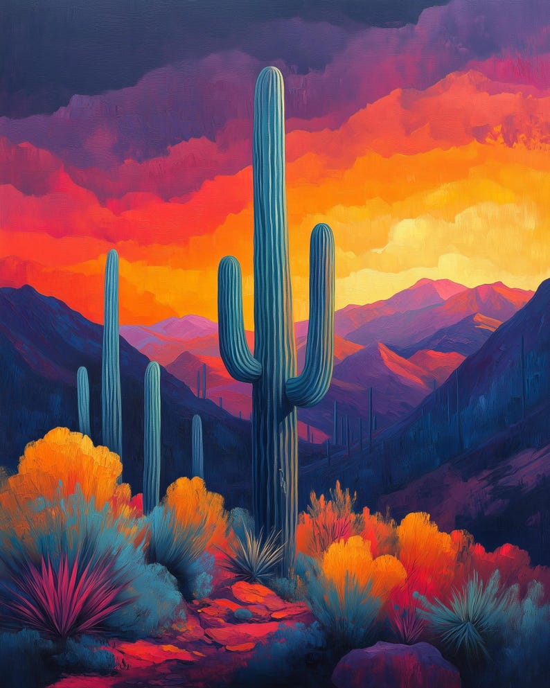 Saguaro Cactus Desert Sunset Art Print | Southwest Wall Decor | Arizona ...