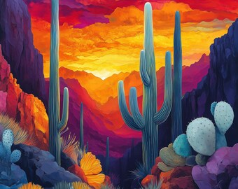 Cactus Wall Art Print | Western Desert Landscape Illustration | Southwestern Decor | Arizona Gifts for Him