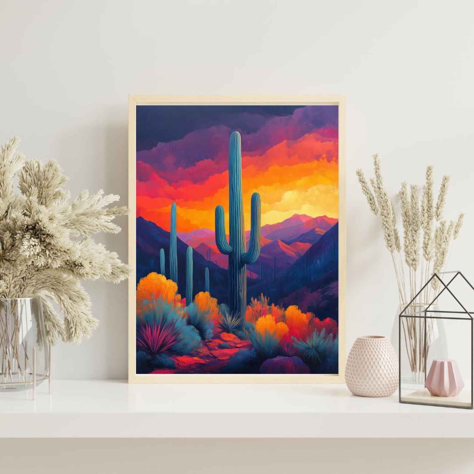 Saguaro Cactus Desert Sunset Art Print | Southwest Wall Decor | Arizona ...