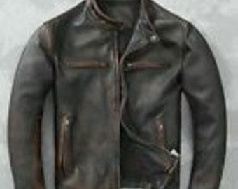 Blouson moto motard vintage Cafe Racer en cuir véritable noir effet vieilli pour homme -