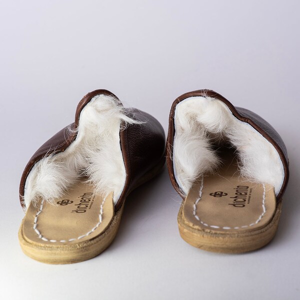 Women Mule Slippers DARK BROWN SHEARLING Turkish Genuine Leather Handmade Yemeni, Natural, Slip-On