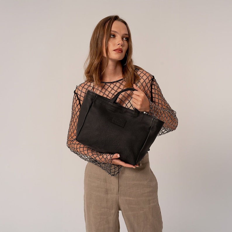 Handmade Leather Handbag, Black Top Handle Bag, Ladies Purse, Travel Shopping Bag Hobo Carry Shoulder Bag, Multipurpose Handbag image 1