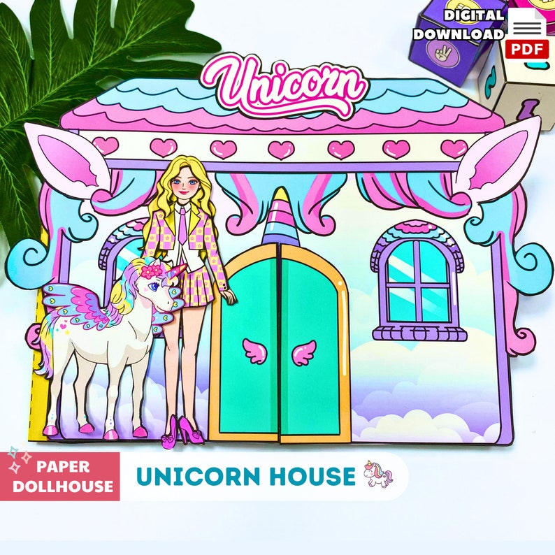 Unicorn House Printable, Paper Doll House, Story Doll Busy Book, DIY