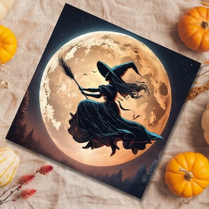 Zaproszenia na Halloween, czarownice na miotłach lecą na Twoją imprezę, w zestawie 4 PNG