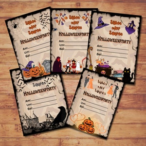 Vintage Halloween Party Invitation Cards for the Whole Family, Set of 5 Cards