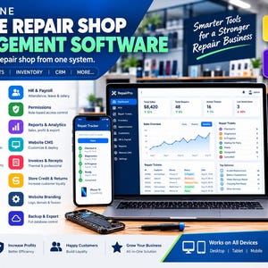 May include: A digital advertisement for RepairPro mobile repair shop management software. The image displays a laptop and smartphone showing a dashboard interface, alongside a receipt printer, listing features like POS, repair tickets, and CRM.