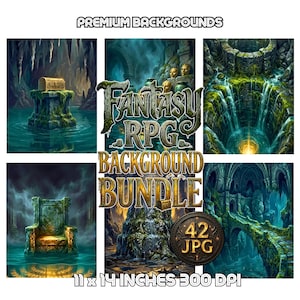 May include: A digital art bundle featuring fantasy RPG backgrounds. The images include a treasure chest on a stone island, a throne, waterfalls, and a stone bridge. The text reads "Fantasy RPG Background Bundle" and "Premium Backgrounds". The images are 11 x 14 inches.