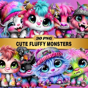 Cute Fluffy Monster PNG Clipart Bundle | Colorful Fantasy Baby Creatures | Kawaii Monster Sublimation Graphics Digital Download