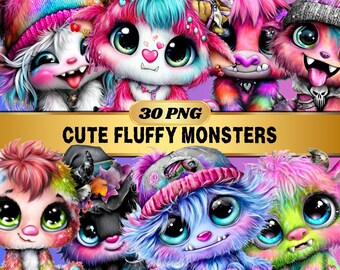 Paquete de imágenes prediseñadas PNG de monstruos esponjosos adorables / Criaturas bebés de fantasía coloridas / Descarga digital de gráficos de sublimación de monstruos kawaii