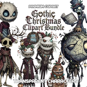 Gothic Christmas PNG Bundle | Creepy Cute Dark Holiday Clipart | Spooky Winter Monster Skeleton Transfer File