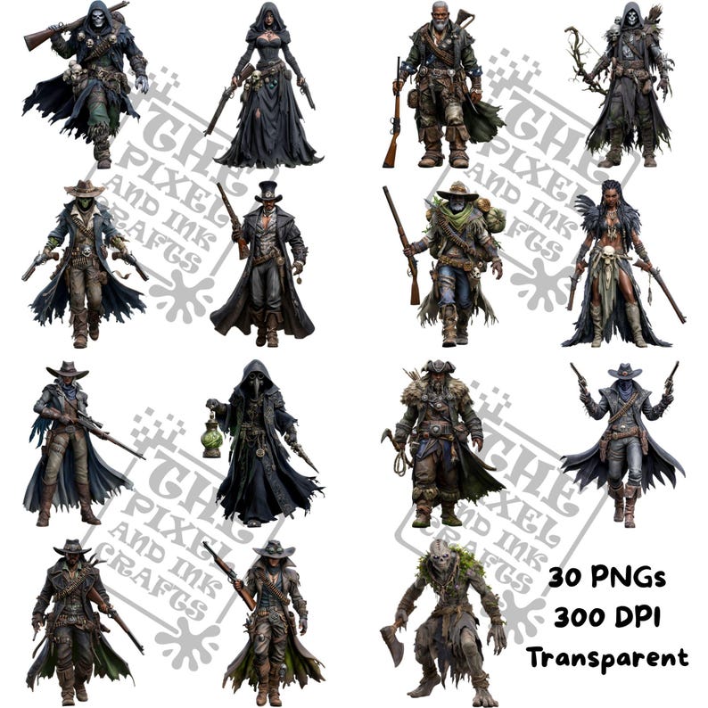 Gothic Western Monster Hunter Pngs, Dark Fantasy Character Bundle for