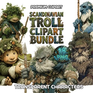 John Bauer Inspired Scandinavian Troll Clipart, Forest Folklore Art PNG, Nordic Mythology Watercolor, Fantasy Creature Digital Download