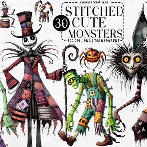 May include: An illustration featuring 30 stitched, cute monsters. The image includes a variety of whimsical creatures, such as a Jack Skellington-style figure, a Frankenstein-like monster, and a bat-winged monster. The text "Stitched Cute Monsters" is visible.