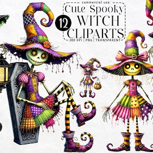 May include: A set of 12 cute, spooky witch cliparts. The witches feature skeleton faces and wear patchwork dresses and hats in bright colours such as purple, green, and orange. Some hold lanterns or pumpkins.