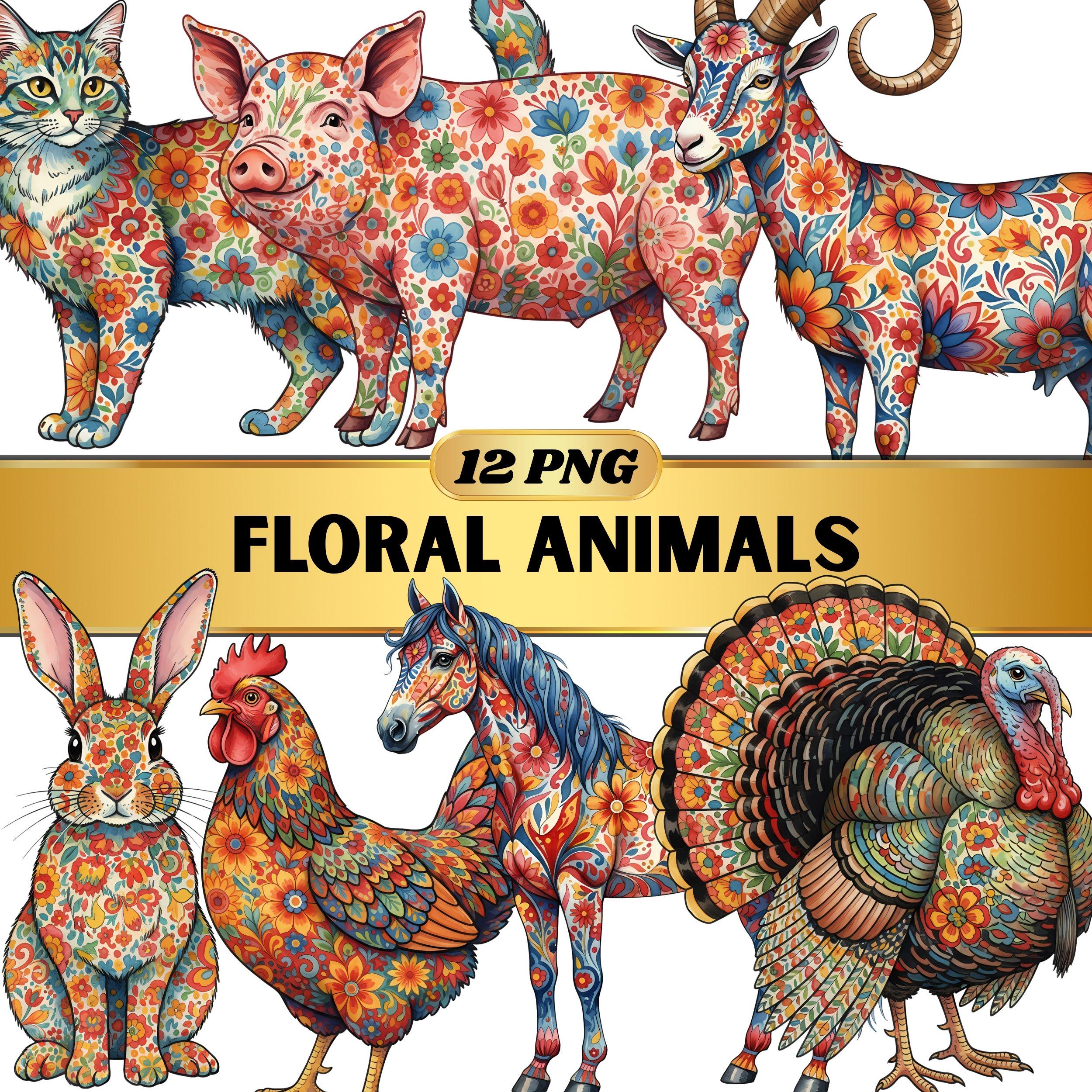 Floral Farm Animal PNG Clipart Bundle Featuring Cow Horse Pig Dog Cat ...