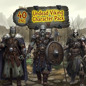 Peut inclure: Illustration numérique de trois personnages vikings morts-vivants, vêtus d'armures et armés d'armes telles qu'une hache et un bouclier. Le texte "Undead Viking Character Pack" et "40 PNG" est affiché sur un panneau en bois.