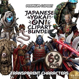 May include: A digital clipart bundle showcasing Japanese Yokai Oni characters. The image presents diverse mythical creatures, including demons and spirits, with intricate illustrations. The text on the image reads "Premium Clipart", "Japanese Yokai Oni Clipart Bundle", and "Transparent Characters".