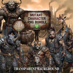 May include: Digital art featuring a Mutant Character PNG Bundle. The image showcases several anthropomorphic characters, including a bull, rhino, tiger, warthog, and giraffe, all in post-apocalyptic attire. A sign reads "Mutant Character PNG Bundle" with a biohazard symbol.