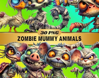 Peut inclure: Image colorée de créatures zombies momifiées, dont un canard, un poisson et un cochon, avec des yeux vifs et des bandages. Le texte "30 PNG ZOMBIE MUMMY ANIMALS" est affiché sur une bannière dorée.