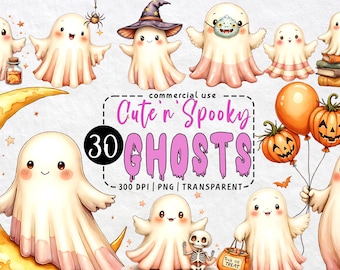 30 Cute Pink Ghost Clipart Fall bundle, Cute Spooky Autumn Pastel Ghost PNG collection for Spooky Occasions Art sublimation and stickers