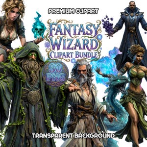Puede incluir: Un paquete de arte digital con magos y personajes de fantasía. La imagen incluye una variedad de magos, una calavera y un dragón. El texto incluye "Premium Clipart", "Fantasy Wizard Clipart Bundle", "30 PNG" y "Transparent Background".