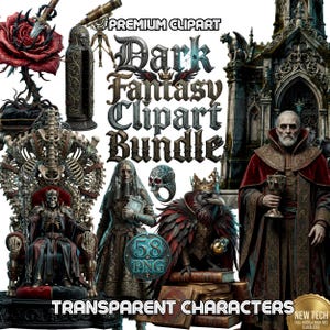May include: A digital art bundle featuring dark fantasy elements. The image includes a skeleton throne, a raven with a crown, a robed figure, and the text "Dark Fantasy Clipart Bundle". The color palette is dominated by dark reds, blacks, and grays.
