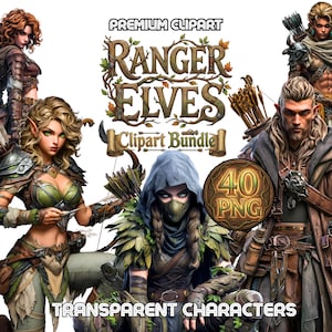 May include: Digital clipart bundle featuring fantasy characters, including elves and rangers. The image includes the text "Ranger Elves Clipart Bundle" and "Transparent Characters". The image also includes the text "40 PNG" and "Premium Clipart".