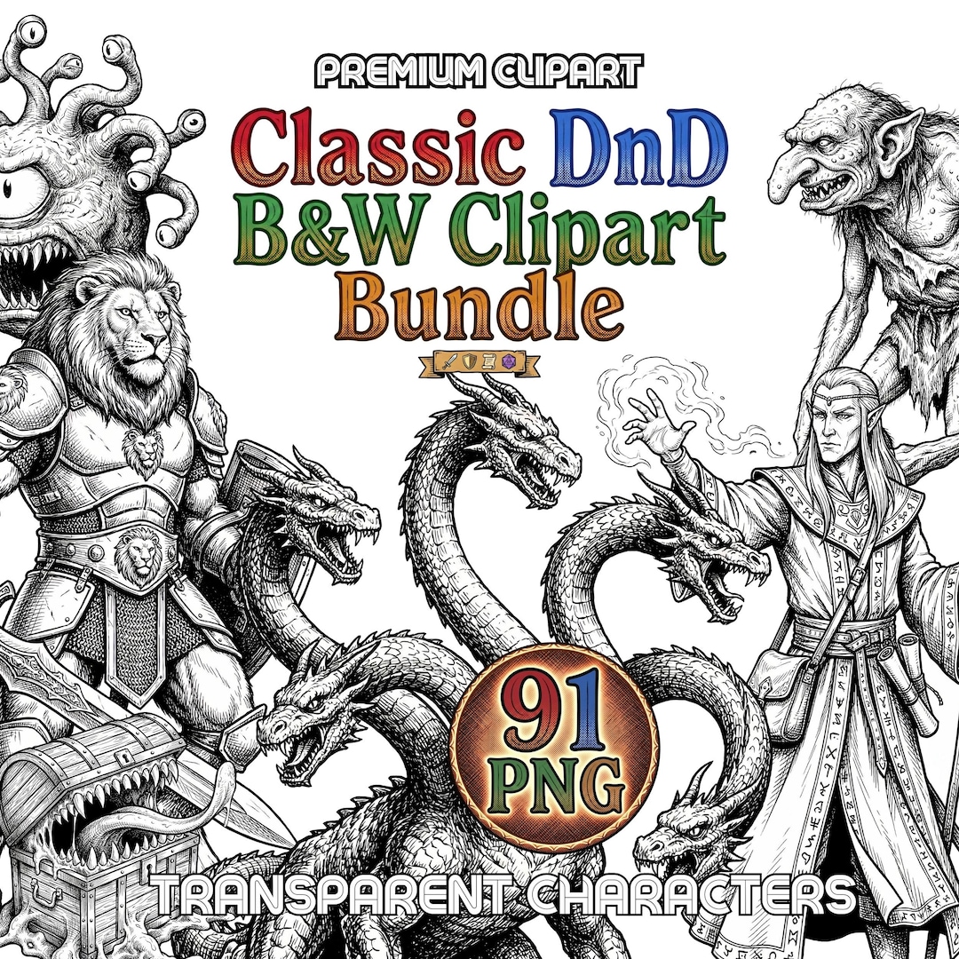 Classic Dnd RPG Character Clipart Black White PNG Bundle | Transparent ...