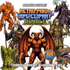 Op de afbeelding: Een digitale illustratiebundel met fantasy RPG-personages. De afbeelding bevat een vurige demon, een tovenaar, een boogschutter met capuchon, een skeletachtige tovenaar en een schatkist. Tekst luidt "Retro 1980s RPG Clipart Bundle" en "Transparent Characters".