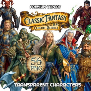 May include: Digital clipart bundle featuring fantasy RPG characters. The image includes a variety of characters such as elves, orcs, and dwarves, with the text "Classic Fantasy RPG Clipart Bundle" and "Transparent Characters". The bundle contains 56 PNG images.
