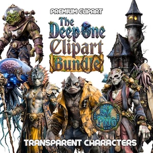 May include: Digital clipart bundle featuring various fantasy creatures, including aquatic humanoids and tentacled beings. The image includes the text "The Deep One Clipart Bundle" and "Transparent Characters". A circular emblem displays "57 PNG".