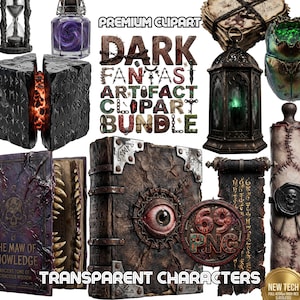 May include: A collection of dark fantasy clipart elements, including a book with an eye, a lantern, an hourglass, and various other mystical objects. The image features the text "DARK FANTASY ARTIFACT CLIPART BUNDLE" and "TRANSPARENT CHARACTERS".