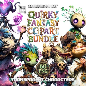 May include: A digital clipart bundle featuring whimsical fantasy characters. The image includes a variety of creatures with vibrant colors and intricate details. Text on the image reads "Quirky Fantasy Clipart Bundle" and "Transparent Characters".