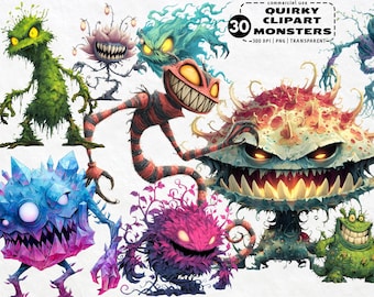 Quirky Monster Clipart Bundle for Cute Horror Lovers, Funny Creepy Creatures PNG Digital Download