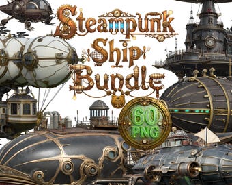 Pacchetto PNG di dirigibili steampunk / Clipart di dirigibili industriali vittoriani / Macchina volante fantasy / Arte di dirigibili retrò / Dirigibile vintage