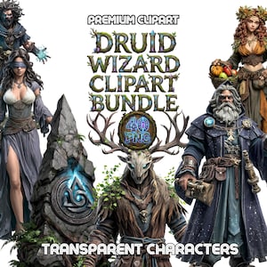 May include: A digital art bundle featuring fantasy characters, including a druid, wizard, and other mystical figures. The image includes the text "Druid Wizard Clipart Bundle" and "Transparent Characters". The bundle contains 40 PNG images.