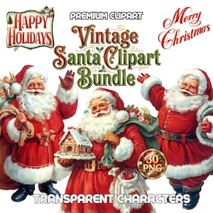 Vintage Santa Claus PNG Bundle, 1940s Retro Christmas Clipart Graphic, Old Fashioned Digital Art Image, Holiday Apparel Sublimation Transfer