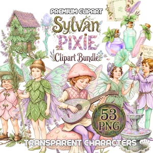 May include: A digital illustration featuring a collection of whimsical fairy-themed clip art. The image includes fairies, a fairy house, bottles of potion, and musical instruments. The text reads "Sylvan Pixie Clipart Bundle" and "Transparent Characters".