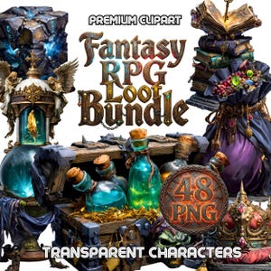 May include: Digital fantasy RPG loot bundle with various items. Includes a treasure chest, potion bottles, a stack of books, and a decorative container. The image has the text "Fantasy RPG Loot Bundle" and "48 PNG".