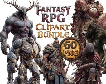60 Fantasy RPG Character PNG Bundle for TTRPG, DnD, Game Design, Printable Clipart, Medieval Warrior Pack
