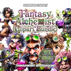 Puede incluir: Un paquete de imágenes prediseñadas digitales titulado "Fantasy Alchemist" con varios personajes de dibujos animados con gafas y pociones. La imagen incluye el texto "Premium Clipart", "Clipart Bundle", "37 PNG" y "Transparent Background".