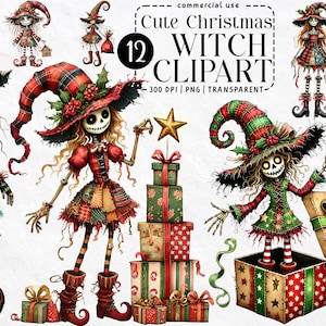 May include: Digital illustrations of 12 Christmas witch clip art images. The witches are dressed in patchwork outfits and tall hats in red, green, and black plaid. Some hold gifts or stand in gift boxes. The text "Cute Christmas Witch Clipart" is at the top.