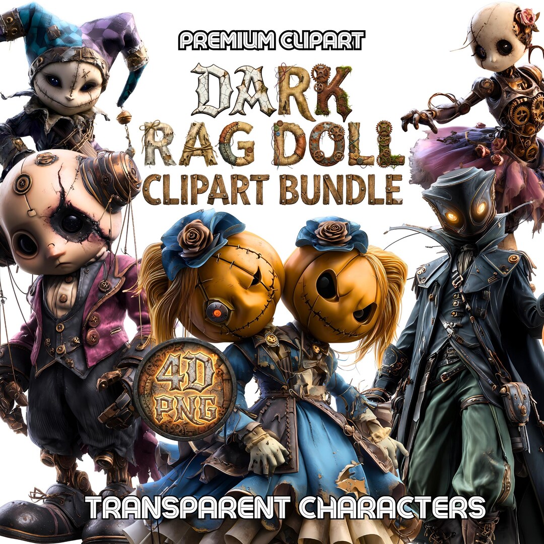 Patchwork Ragdoll Whimsical Dark Patchwork Rag Doll Clipart Bundle | Steampunk Voodoo ...