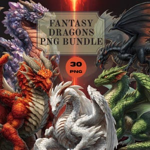 May include: A digital art bundle featuring fantasy dragons in various colors, including purple, red, white, green, and black. The image includes the text "FANTASY DRAGONS PNG BUNDLE" and "30 PNG". The dragons have detailed scales and wings.
